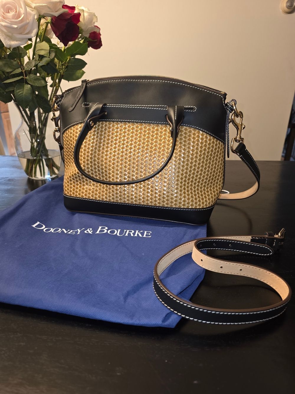 Dooney & Bourke Beacon Woven Domed Satchel | Black Natural | Dust Bag + Strap